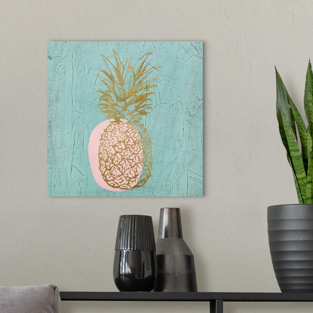 A modern room featuring Square painting of a metallic gold pineapple with a pink shadow on a textured teal background.