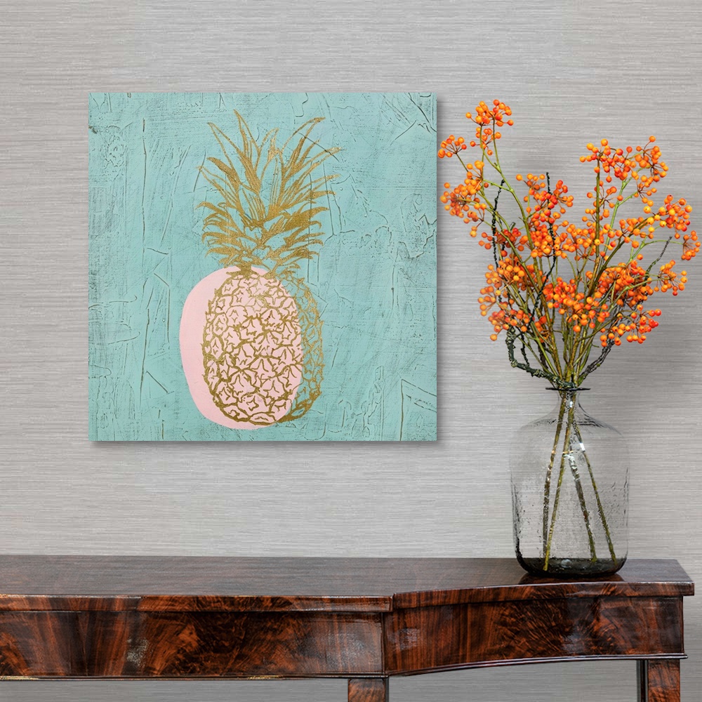 A traditional room featuring Square painting of a metallic gold pineapple with a pink shadow on a textured teal background.