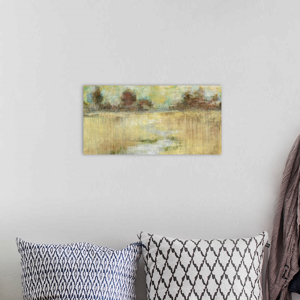A bohemian room featuring Landscape, large artwork for a living room or office in golden tones.  A  small river winds throu...