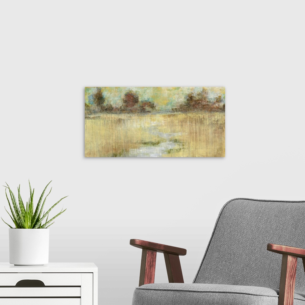 A modern room featuring Landscape, large artwork for a living room or office in golden tones.  A  small river winds throu...