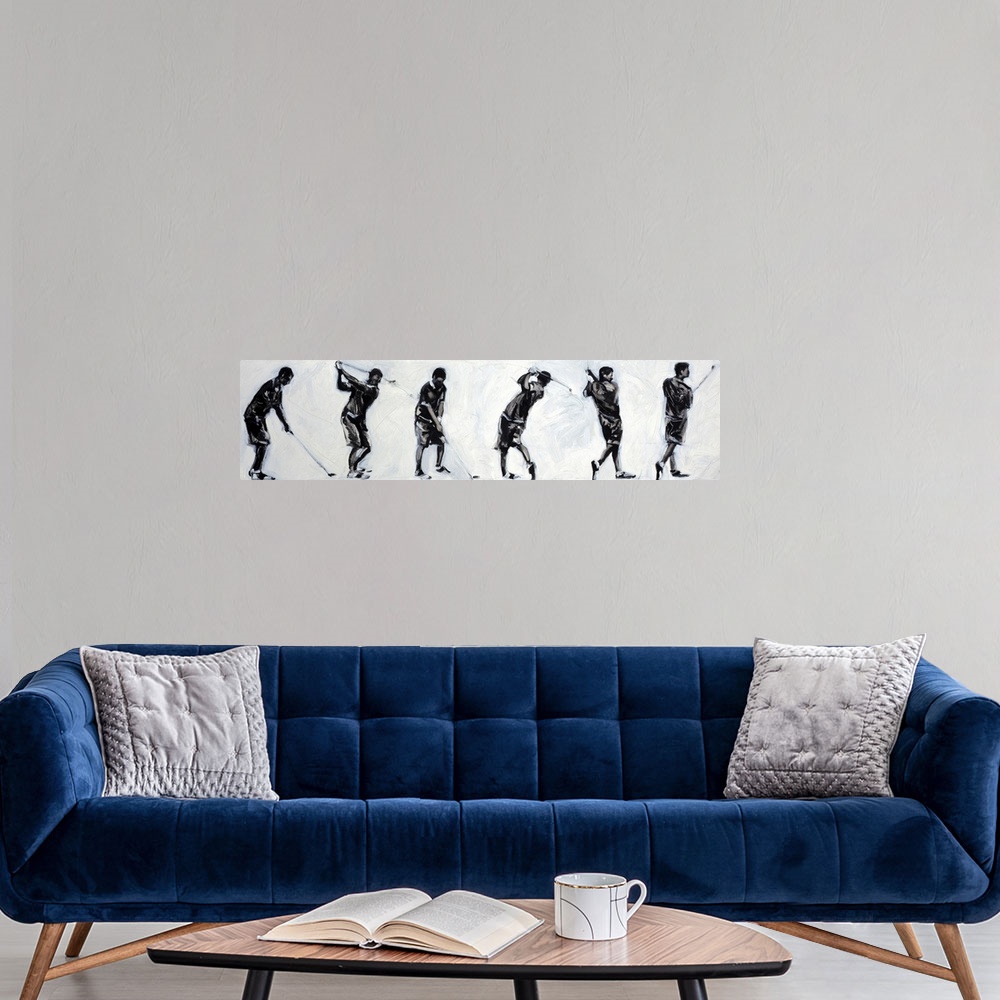 A modern room featuring Wide, black and white figurative painting on large canvas of a male figure illustrating six diffe...