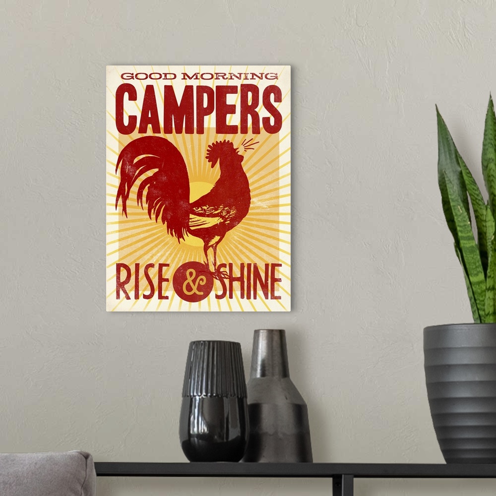A modern room featuring Retro mid-century stylized travel poster artwork.
