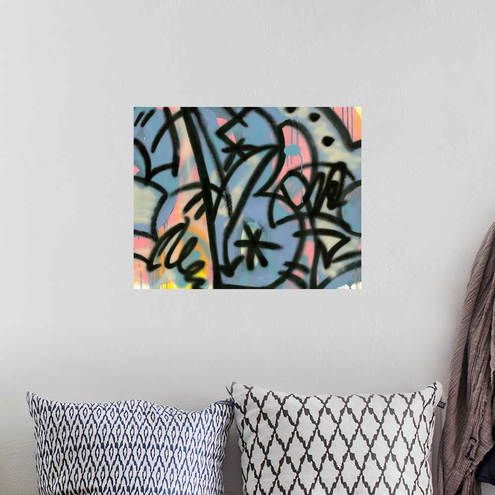 A bohemian room featuring Close up of graffiti in pastel colors contrasted with bold black outlines.