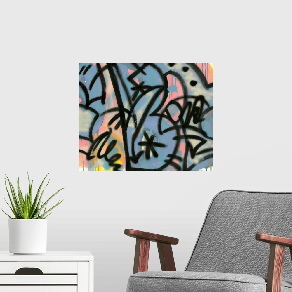 A modern room featuring Close up of graffiti in pastel colors contrasted with bold black outlines.