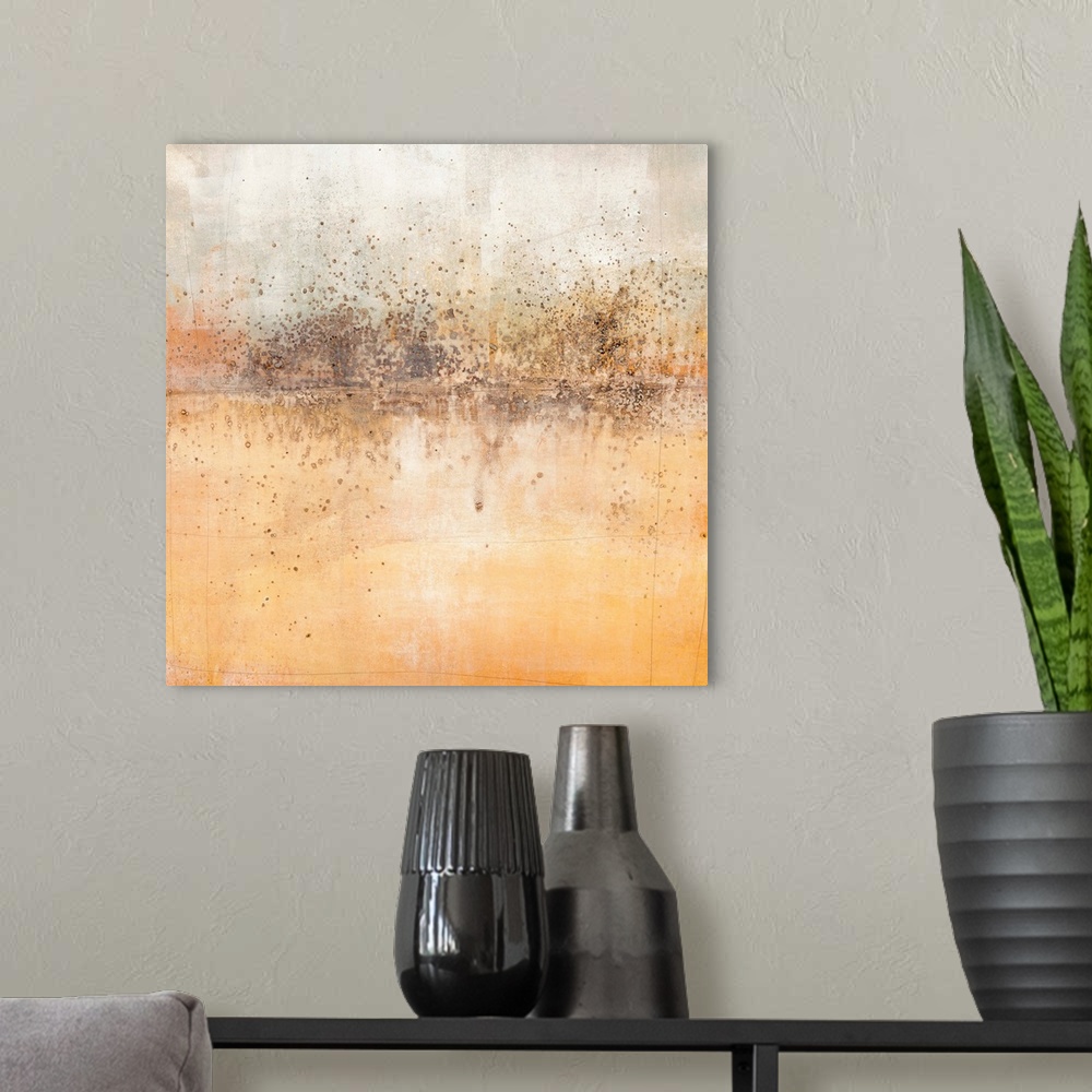 A modern room featuring Square abstract painting with a brown paint splattered horizon line and shades of orange, grey, a...