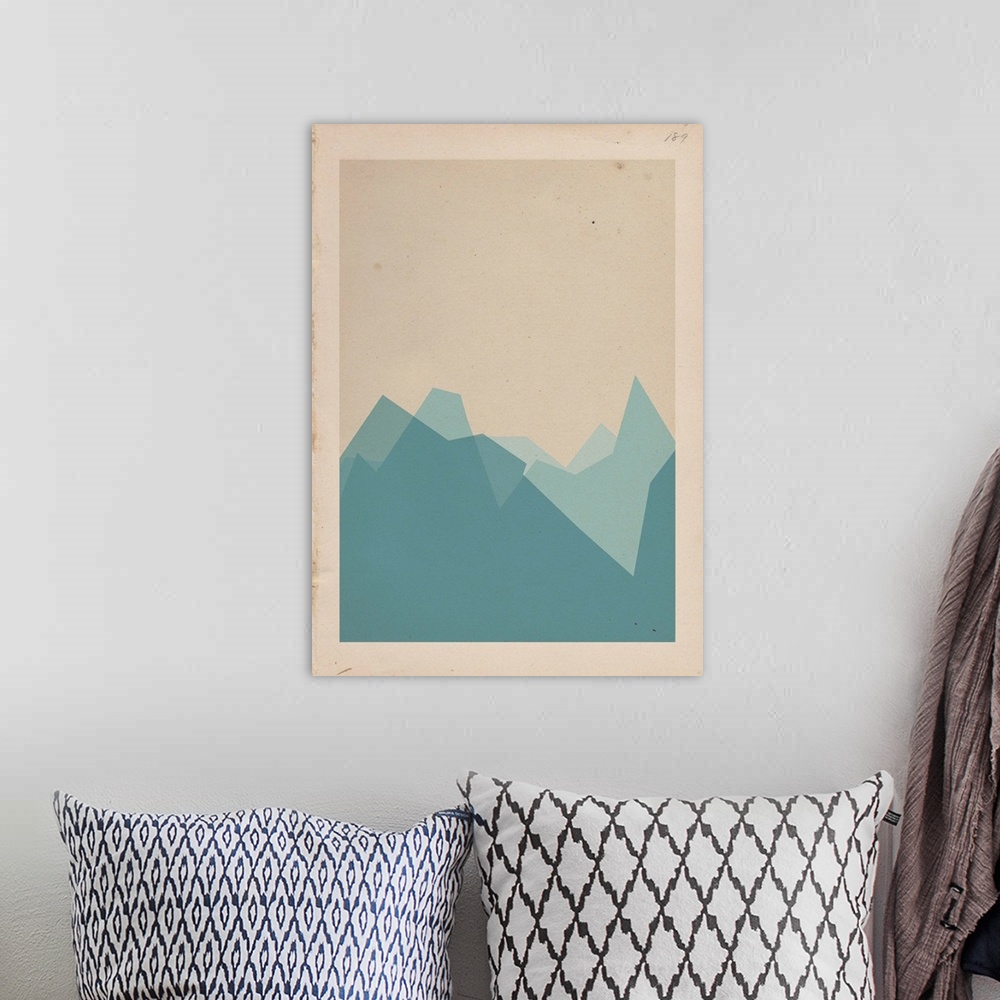 A bohemian room featuring A mountain landscape made of simple solid shapes.