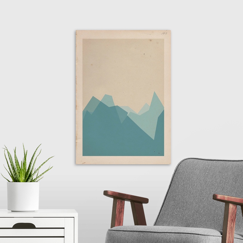 A modern room featuring A mountain landscape made of simple solid shapes.