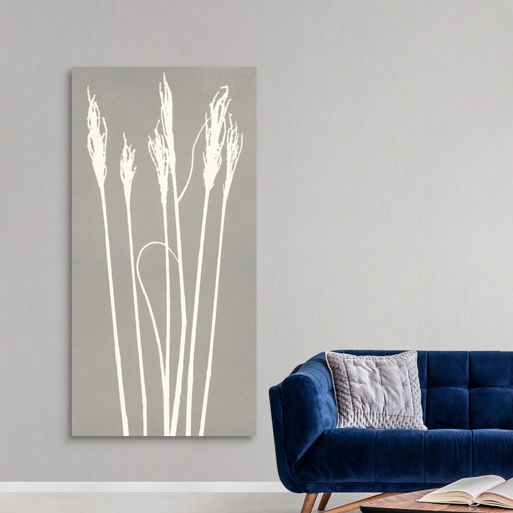 A modern room featuring Monoprint image of several wheat stalk silhouettes on a grey background.