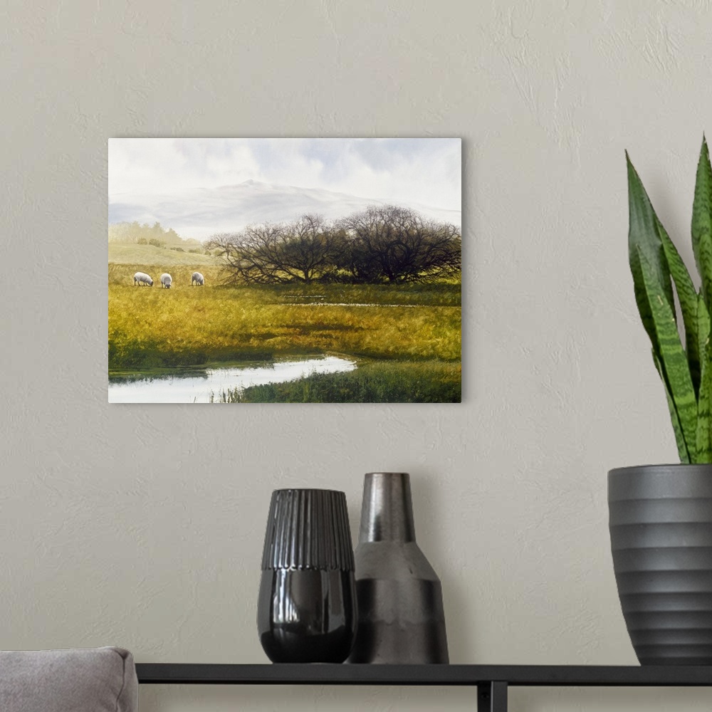 A modern room featuring Contemporary painting of a countryside field with a river flowing through the middle and three sh...