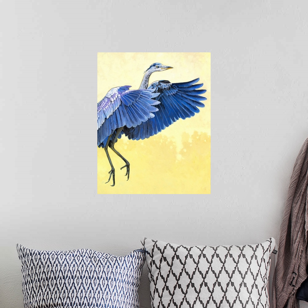 A bohemian room featuring A contemporary painting of a great blue heron.