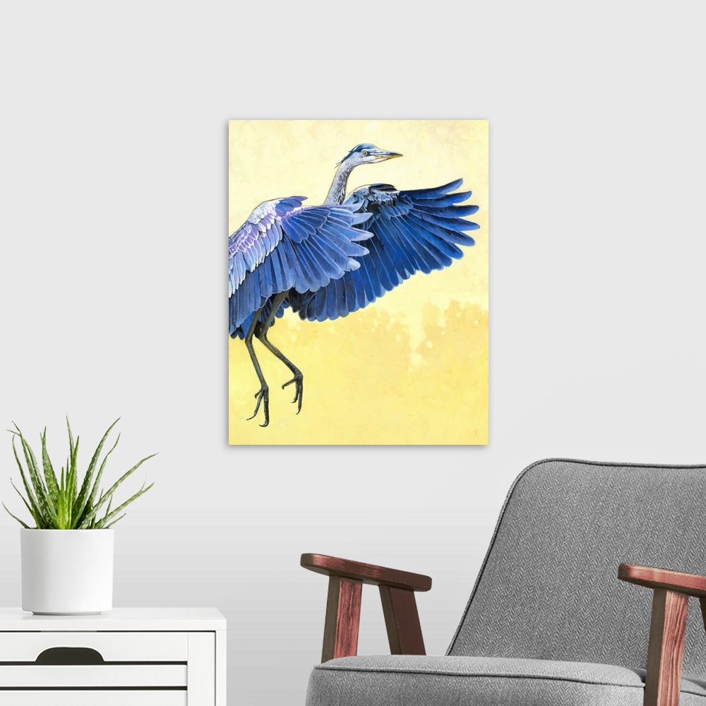 A modern room featuring A contemporary painting of a great blue heron.