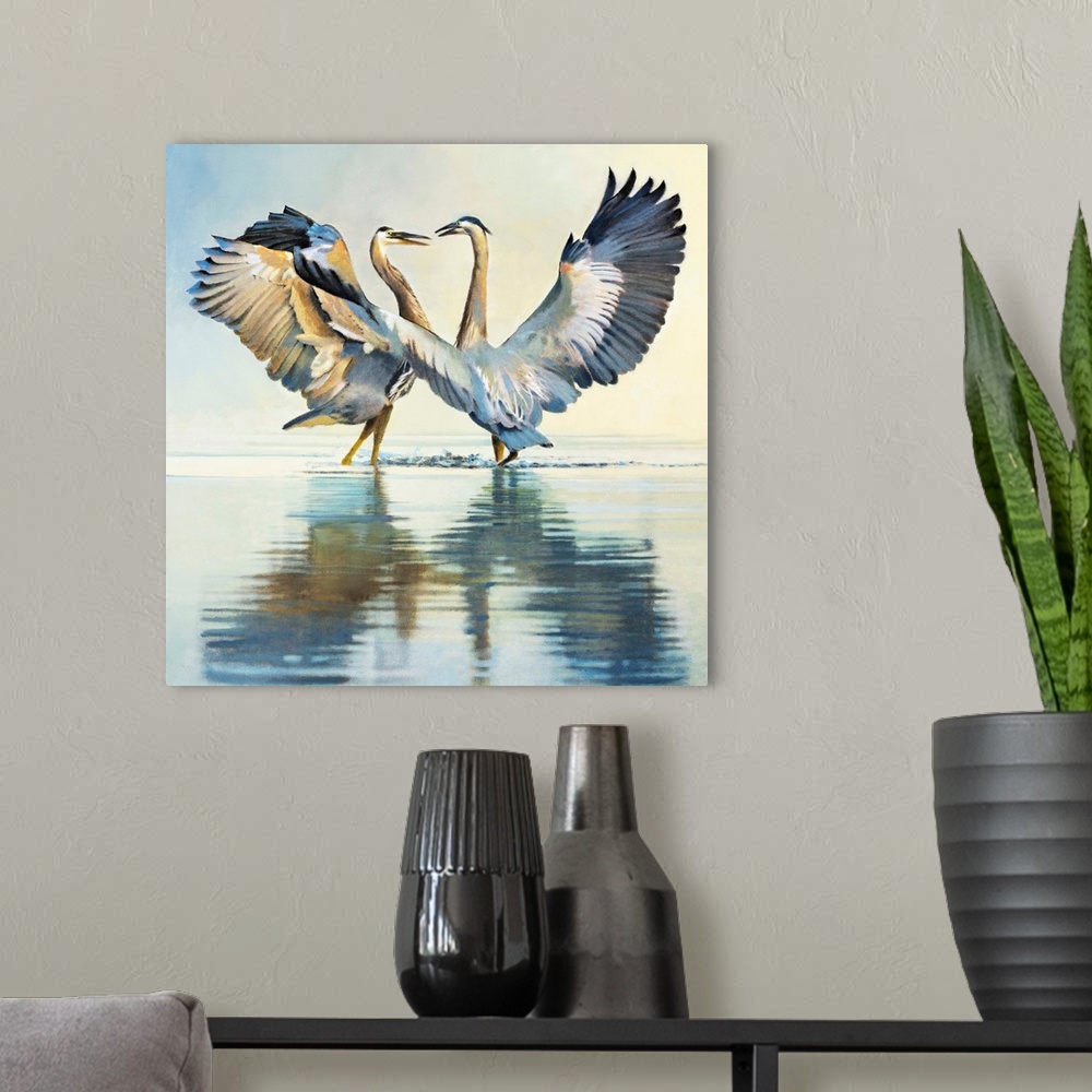 A modern room featuring Contemporary painting of two herons with their wings outstretched and reflections in the water.