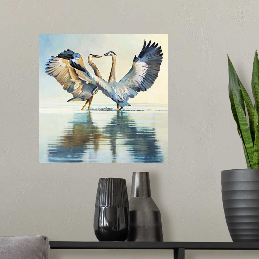 A modern room featuring Contemporary painting of two herons with their wings outstretched and reflections in the water.