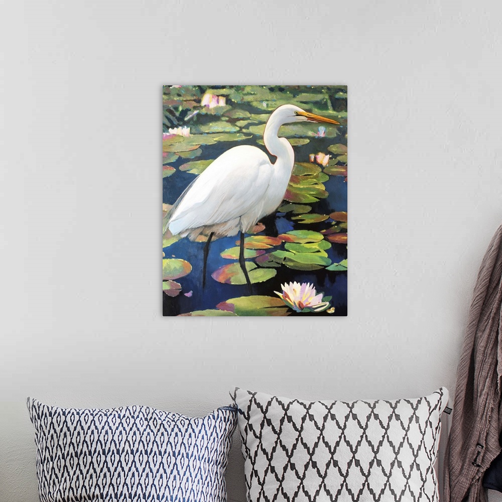 A bohemian room featuring A contemporary painting of a great egret.