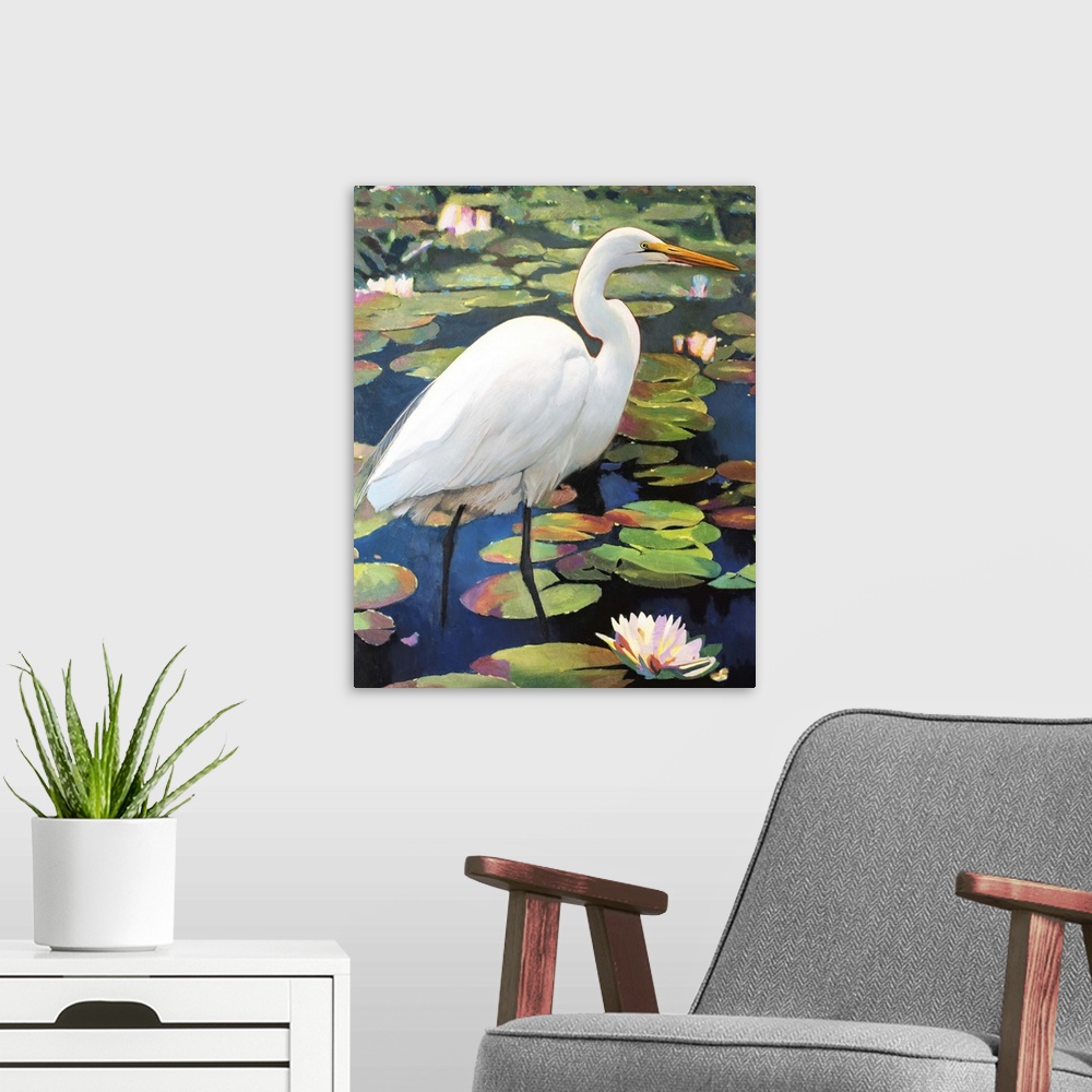 A modern room featuring A contemporary painting of a great egret.