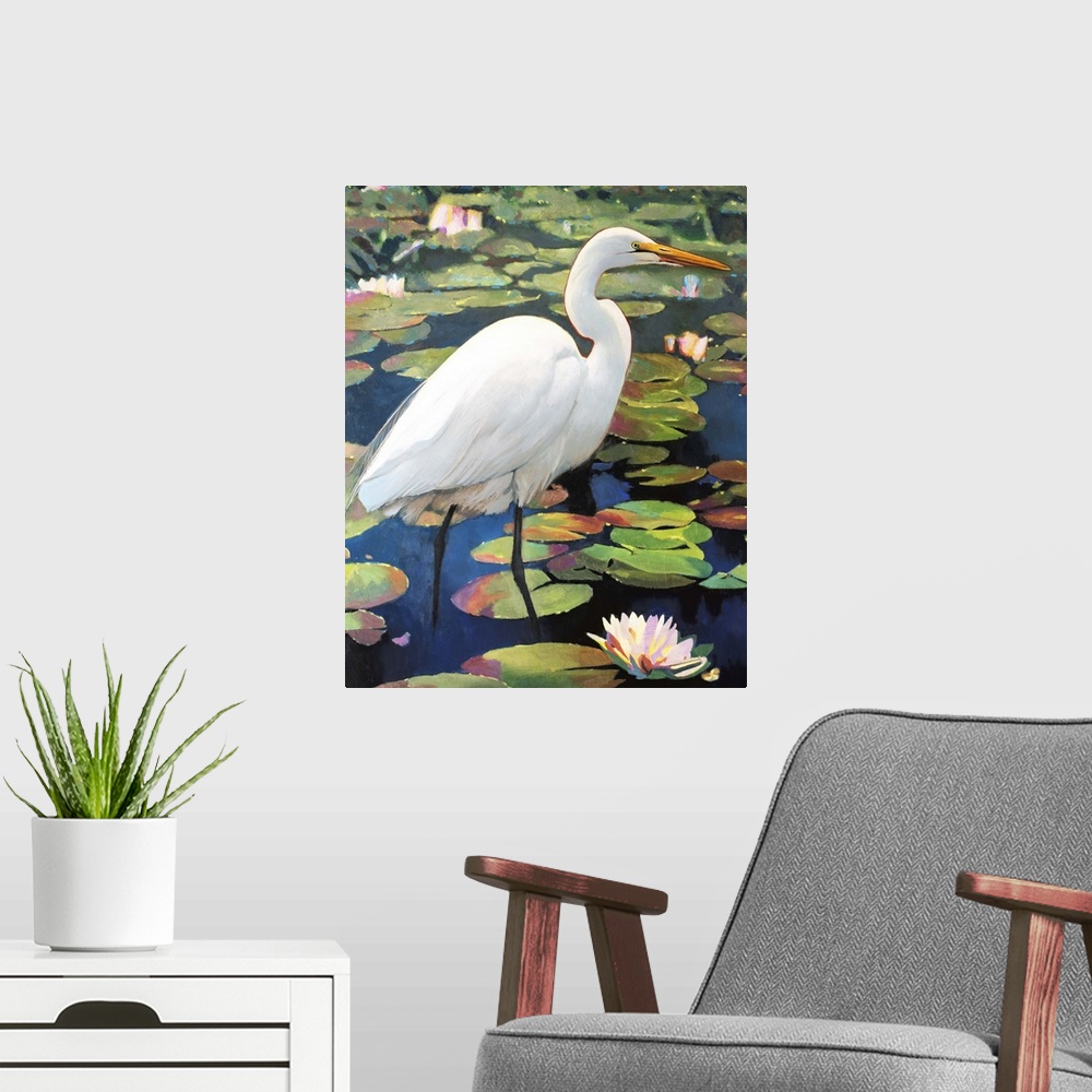 A modern room featuring A contemporary painting of a great egret.