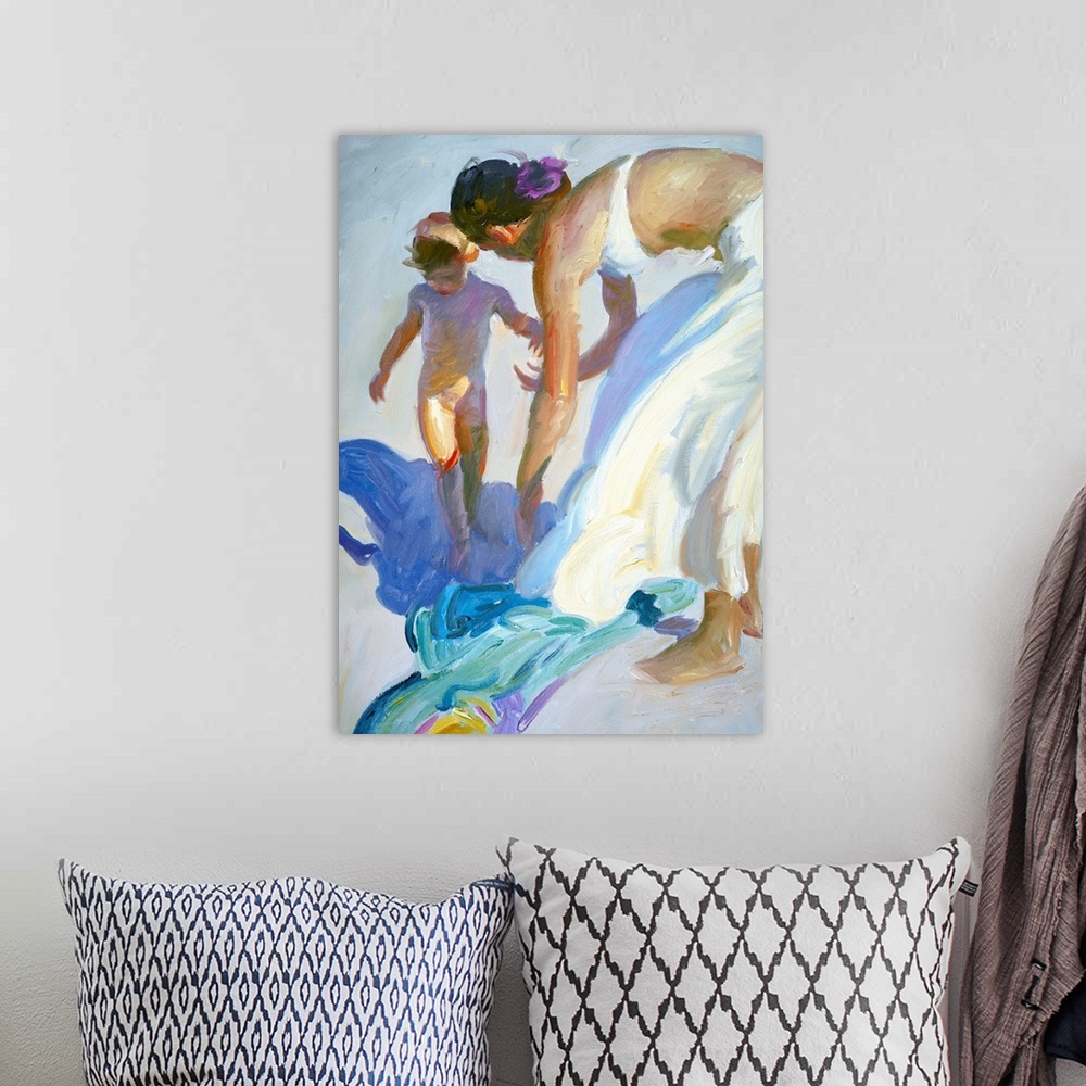 A bohemian room featuring Painting of a mother walking on the white sand with her child.