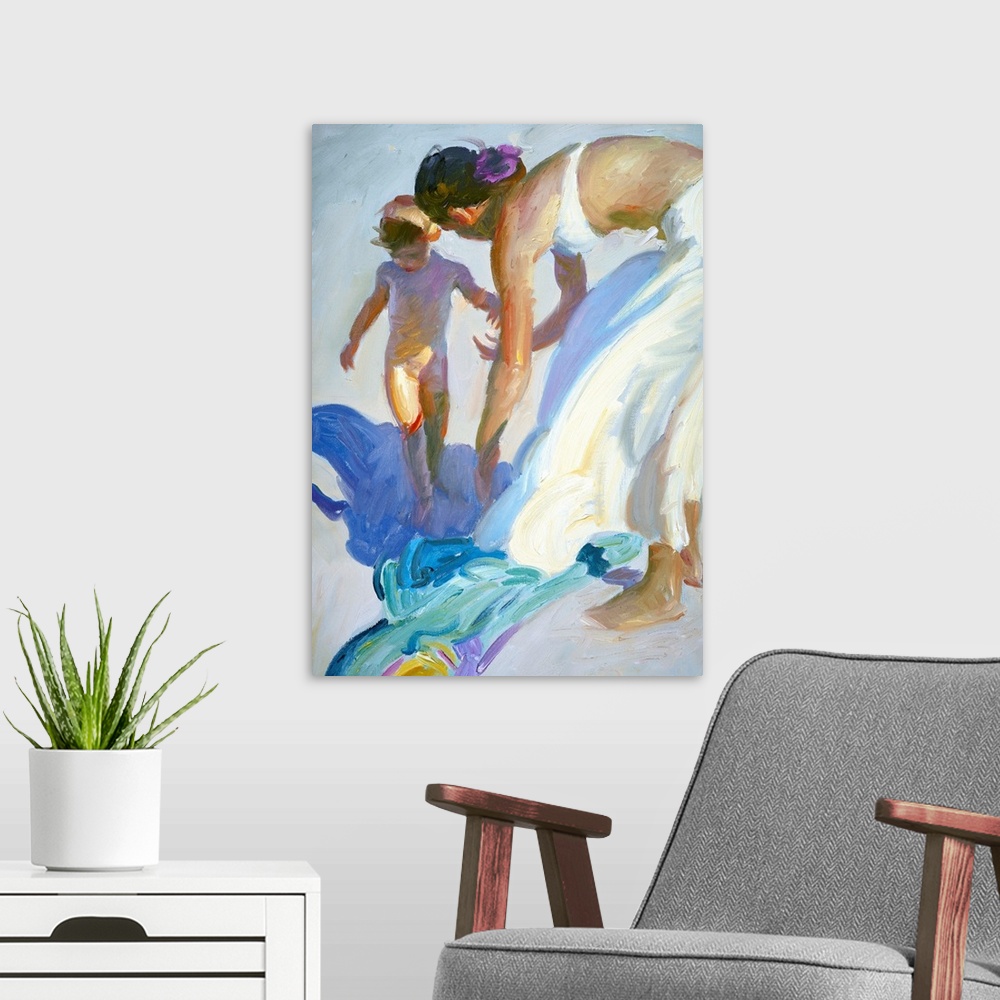 A modern room featuring Painting of a mother walking on the white sand with her child.