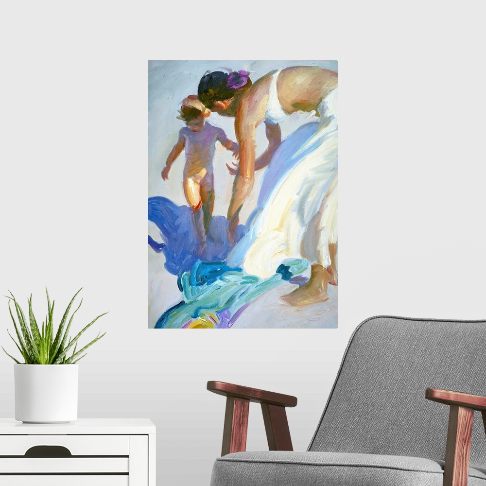 A modern room featuring Painting of a mother walking on the white sand with her child.