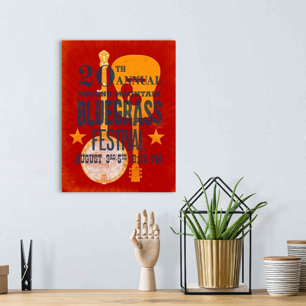 A bohemian room featuring Retro mid-century stylized concert poster artwork.