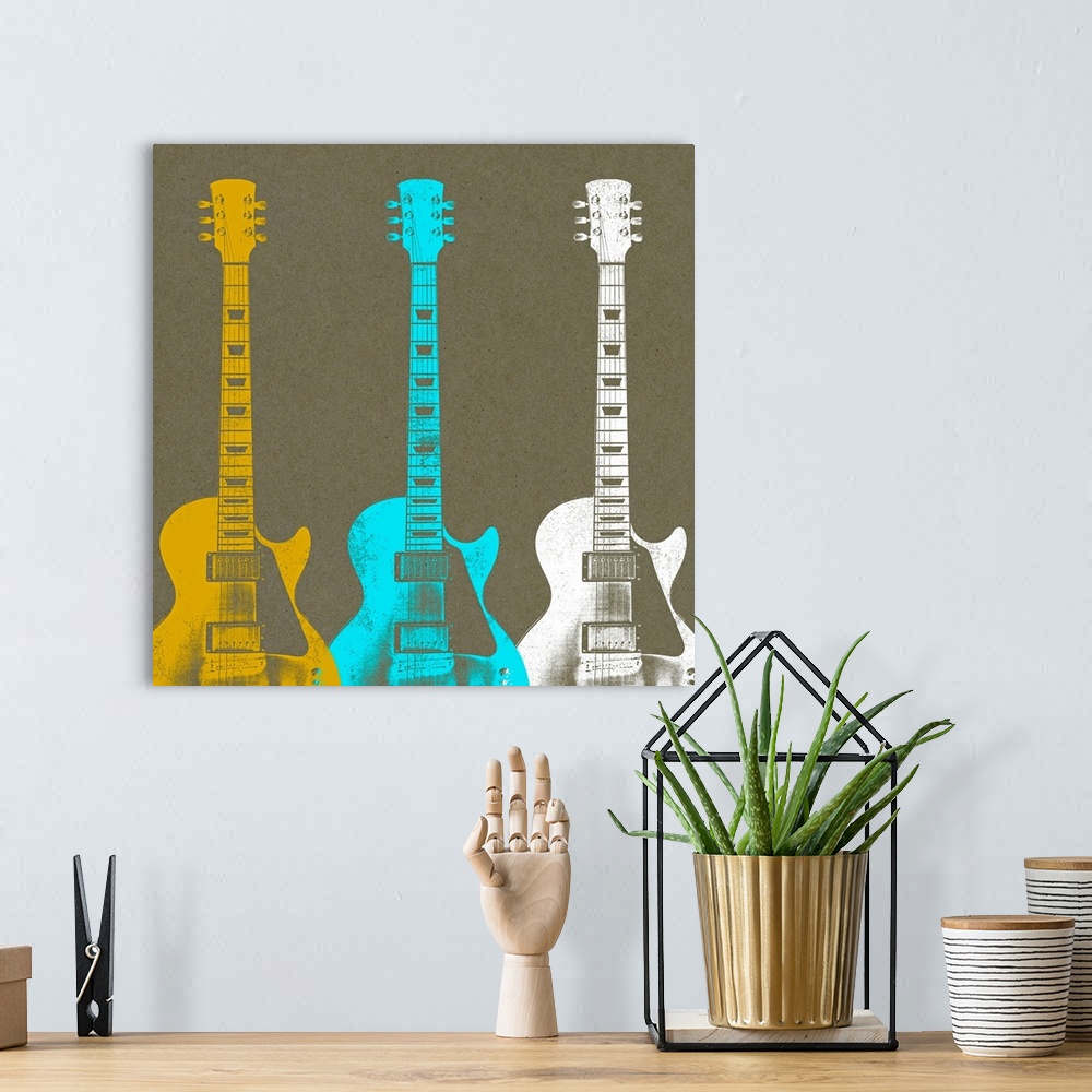 A bohemian room featuring Contemporary illustration of three stringed instruments.
