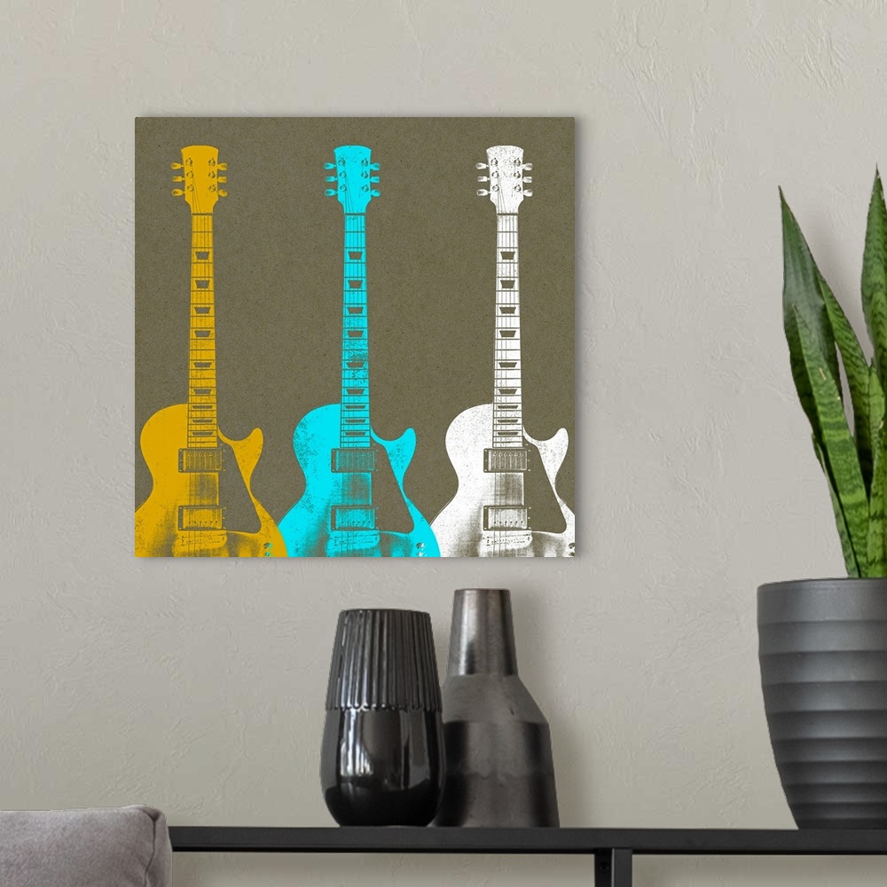 A modern room featuring Contemporary illustration of three stringed instruments.