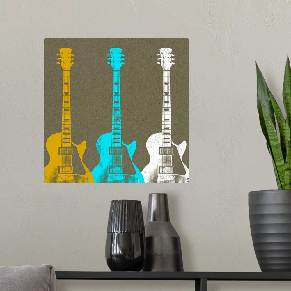 A modern room featuring Contemporary illustration of three stringed instruments.