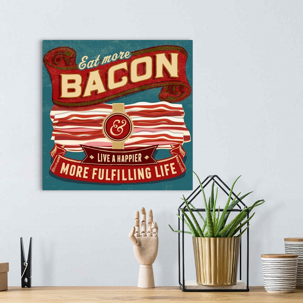 A bohemian room featuring Contemporary and humorous bacon themed artwork.