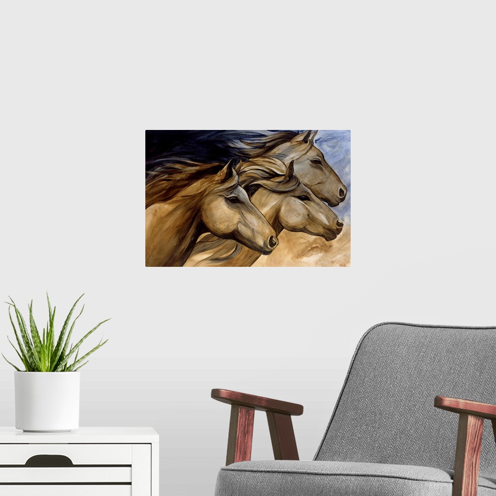 A modern room featuring Artwork of three horse heads in neutral tones.