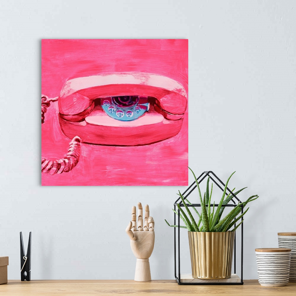 A bohemian room featuring Square painting of a hot pink landline telephone.