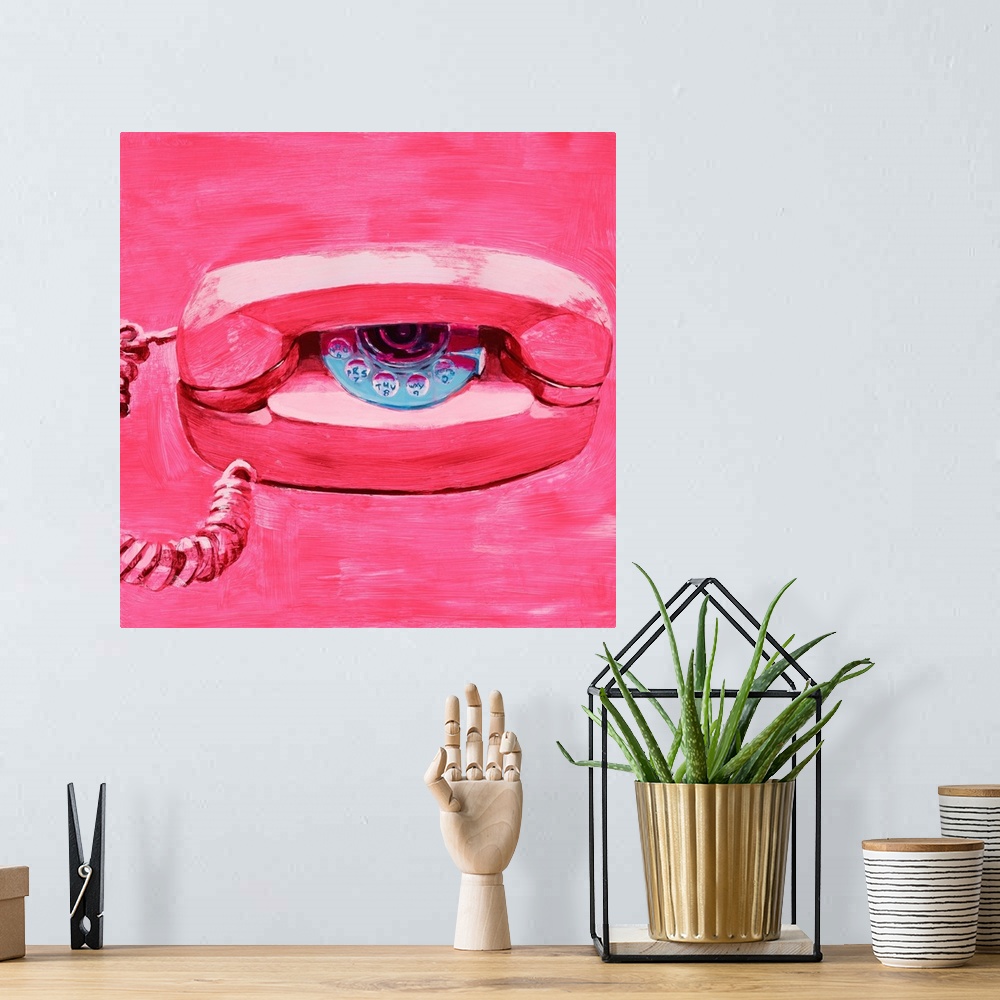 A bohemian room featuring Square painting of a hot pink landline telephone.