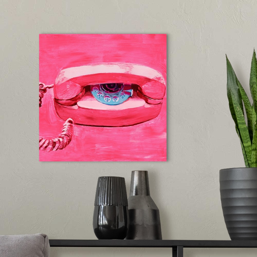 A modern room featuring Square painting of a hot pink landline telephone.