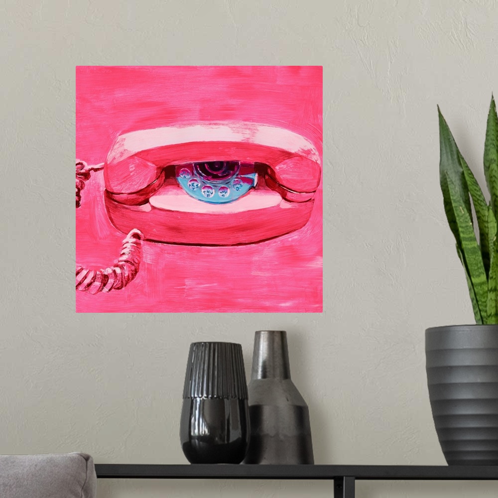 A modern room featuring Square painting of a hot pink landline telephone.
