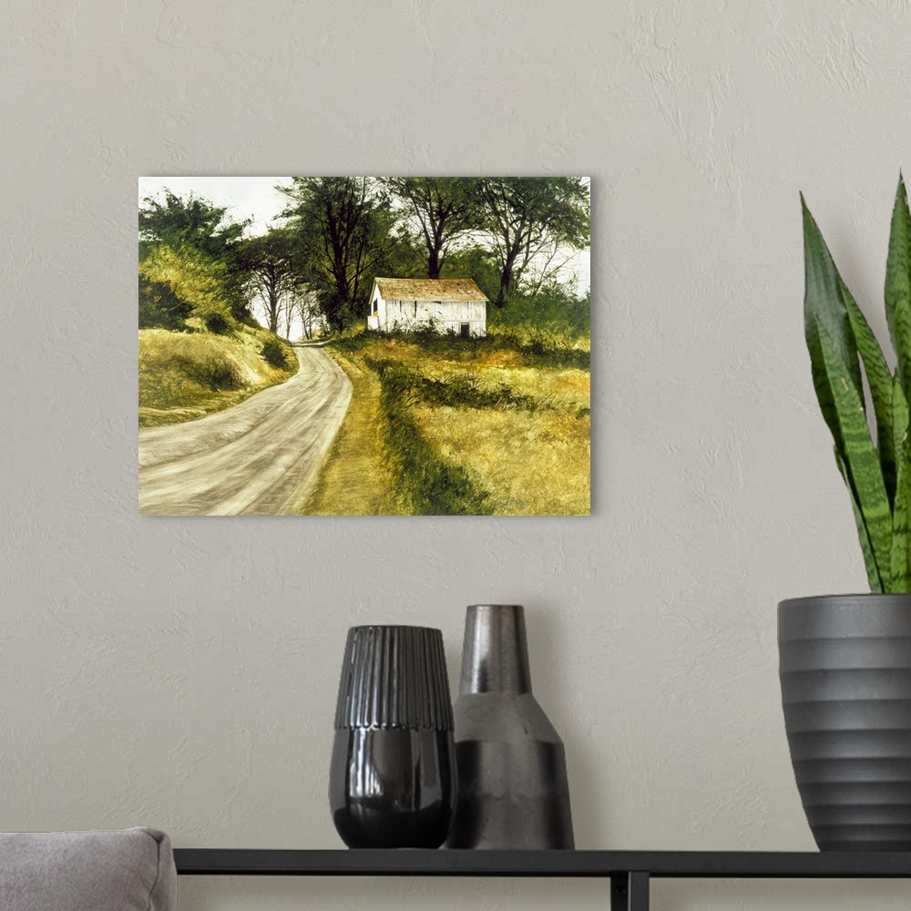 A modern room featuring Contemporary landscape painting of a dirt road leading up to a white barn.