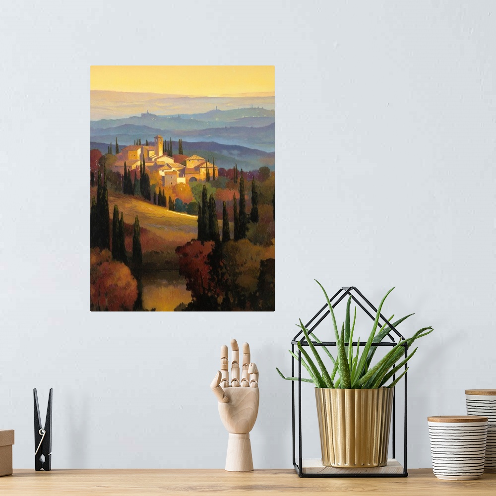 A bohemian room featuring This is a contemporary painting of the Tuscan countryside at sunset on vertical wall art.