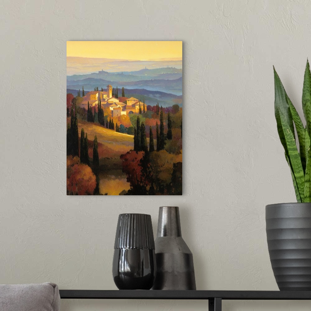 A modern room featuring This is a contemporary painting of the Tuscan countryside at sunset on vertical wall art.