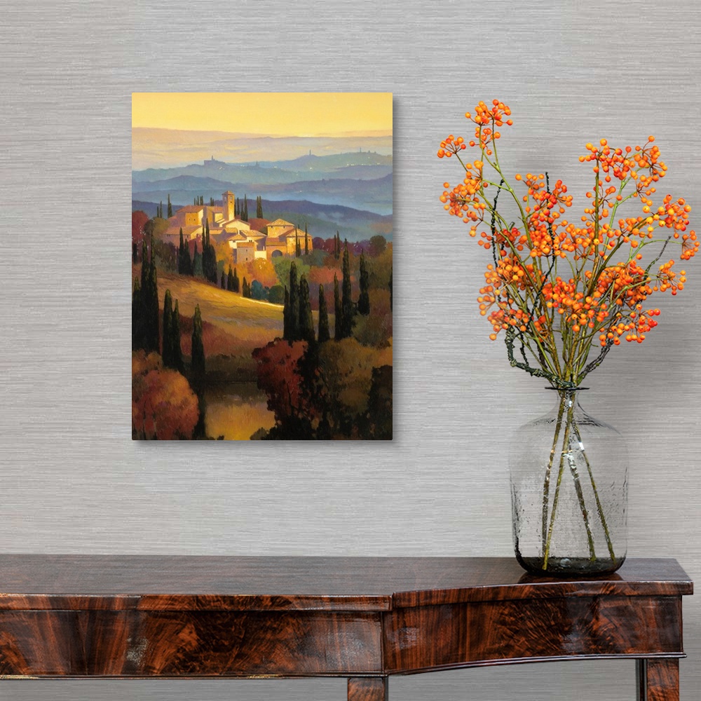 A traditional room featuring This is a contemporary painting of the Tuscan countryside at sunset on vertical wall art.