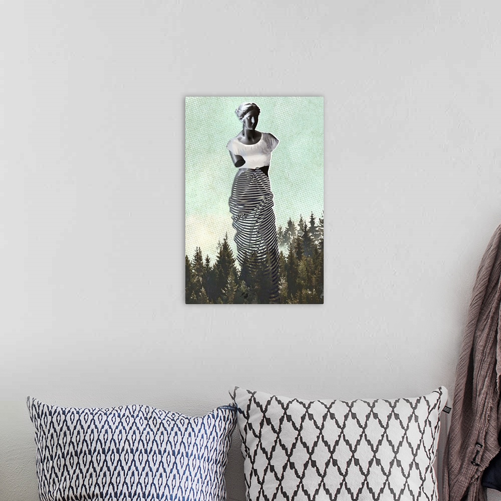 A bohemian room featuring Abstract image of a statue wearing clothes on top of tree tops created with mixed media.