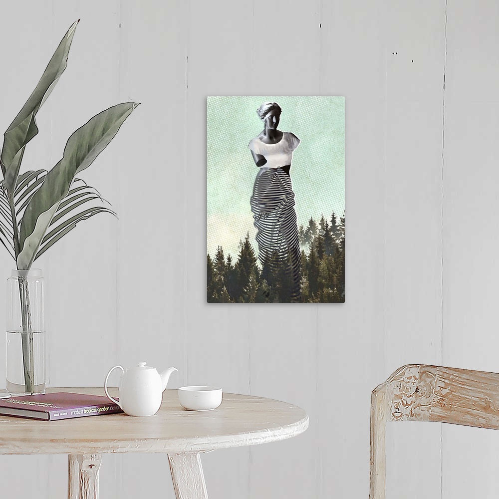 A farmhouse room featuring Abstract image of a statue wearing clothes on top of tree tops created with mixed media.