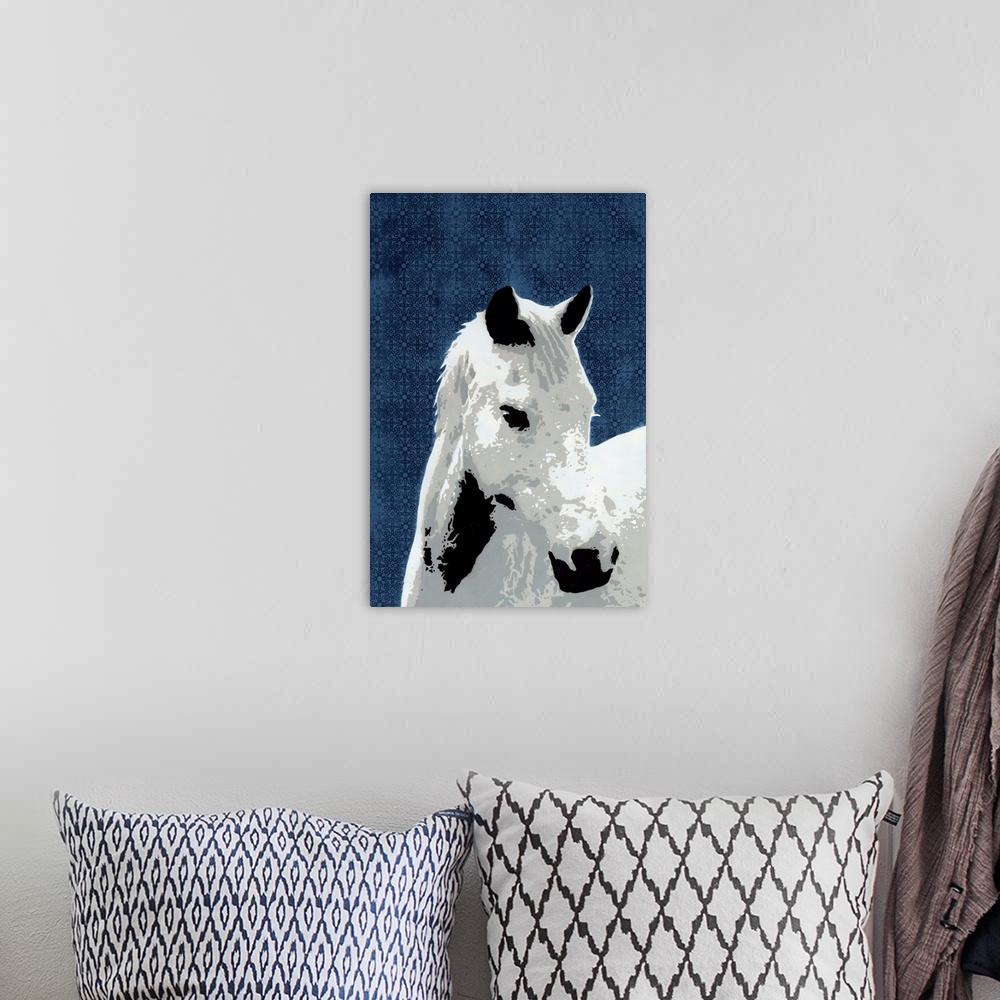 A bohemian room featuring Digital illustration of a black and white horse on a blue floral patterned background.