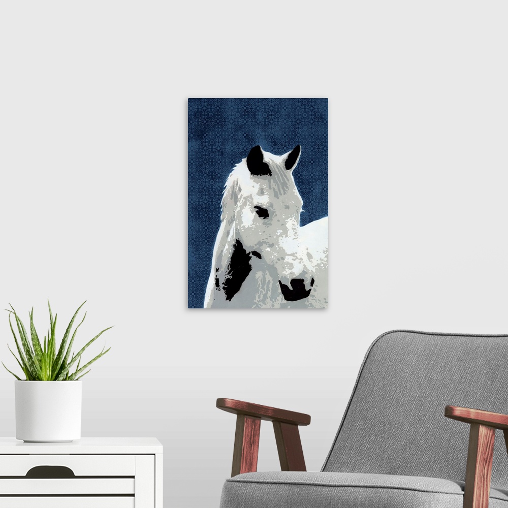 A modern room featuring Digital illustration of a black and white horse on a blue floral patterned background.