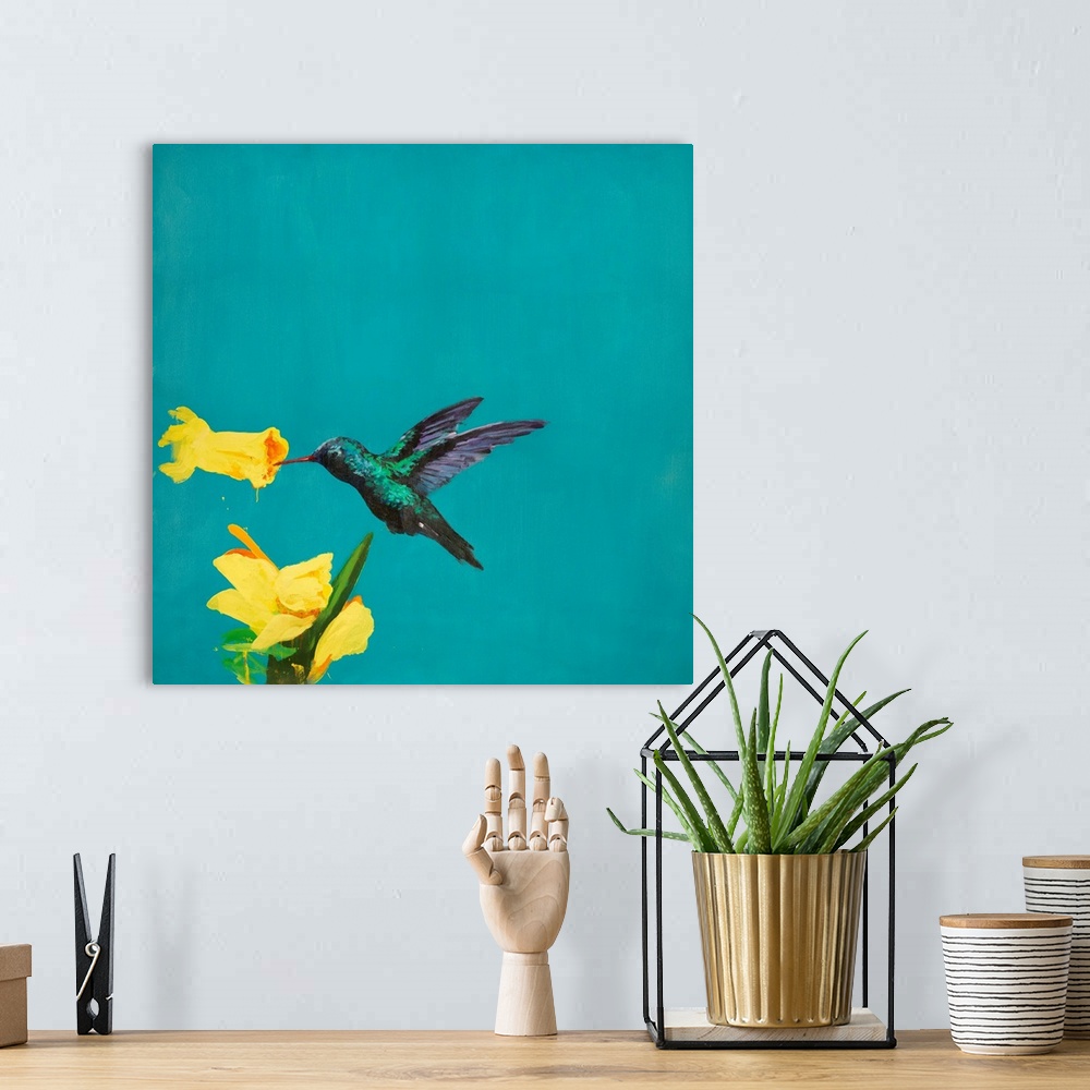 A bohemian room featuring Contemporary artwork of a hummingbird gathering nectar from a tropical flower.