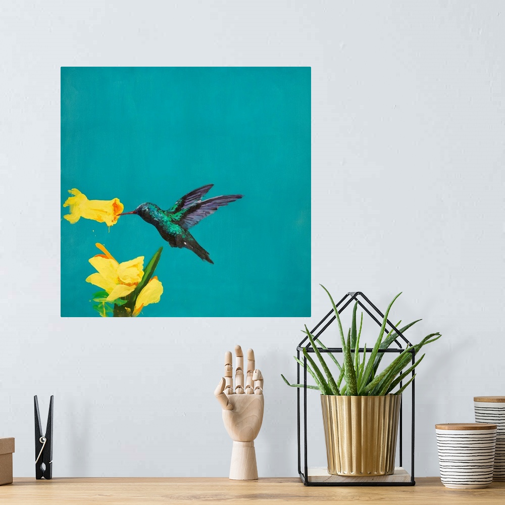 A bohemian room featuring Contemporary artwork of a hummingbird gathering nectar from a tropical flower.