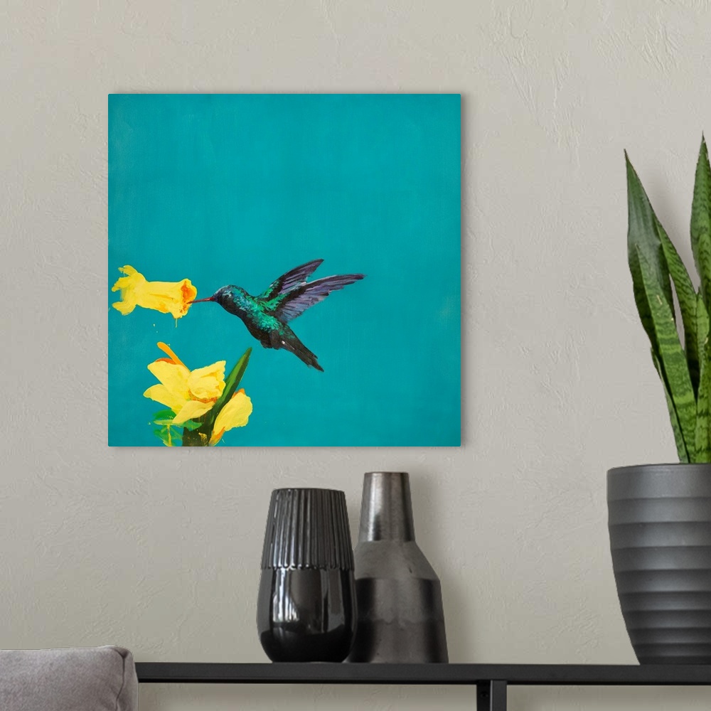 A modern room featuring Contemporary artwork of a hummingbird gathering nectar from a tropical flower.