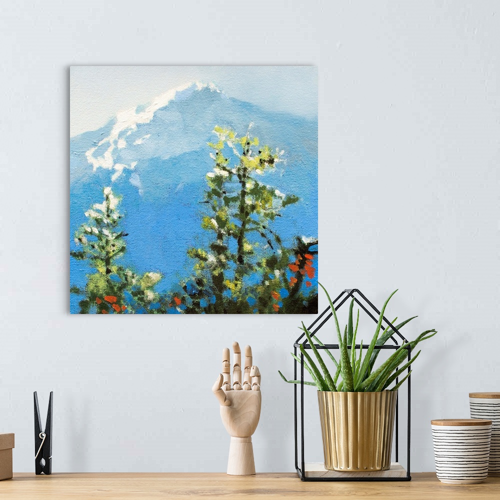 A bohemian room featuring Contemporary painting of a view of a mountain peak from a forest canopy.