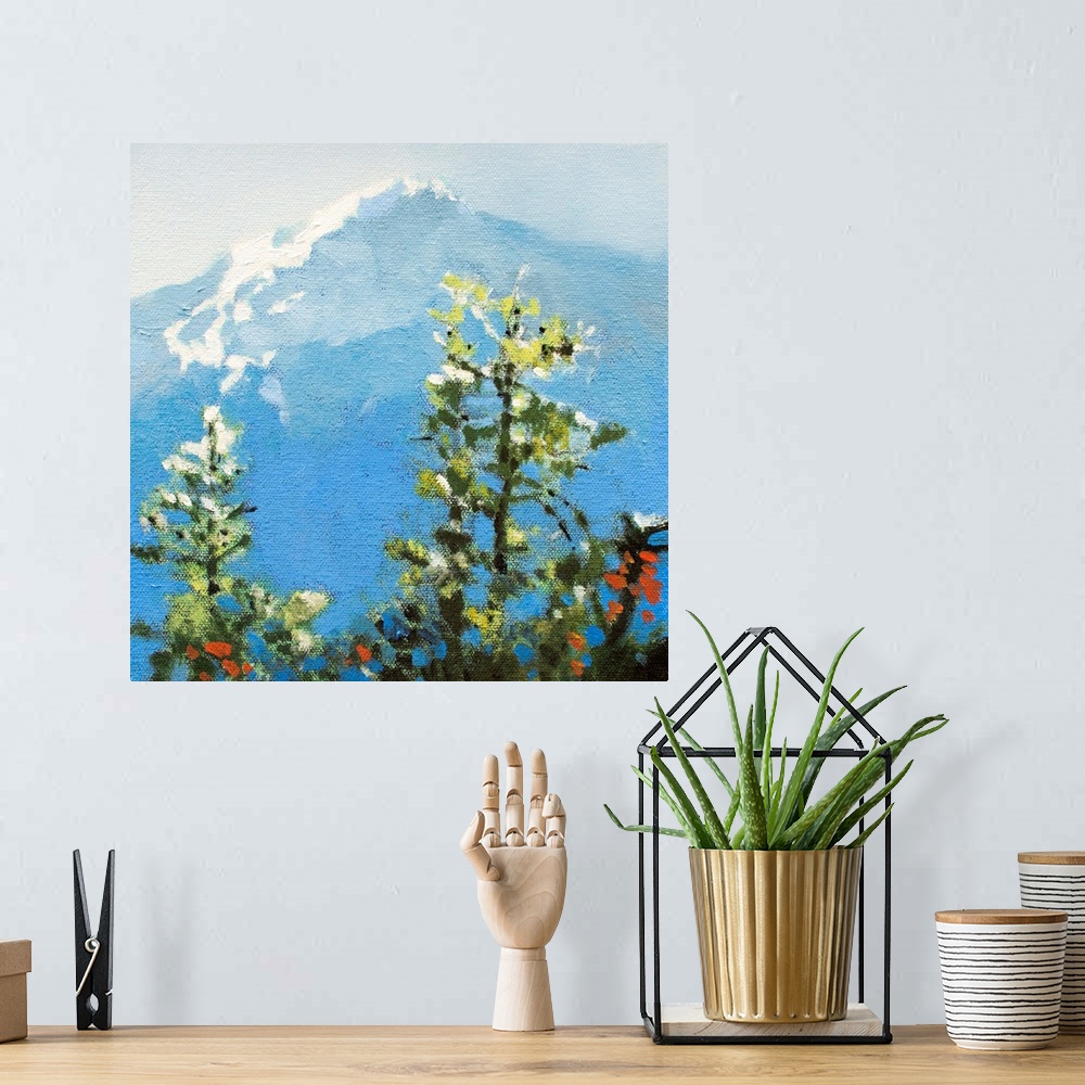 A bohemian room featuring Contemporary painting of a view of a mountain peak from a forest canopy.