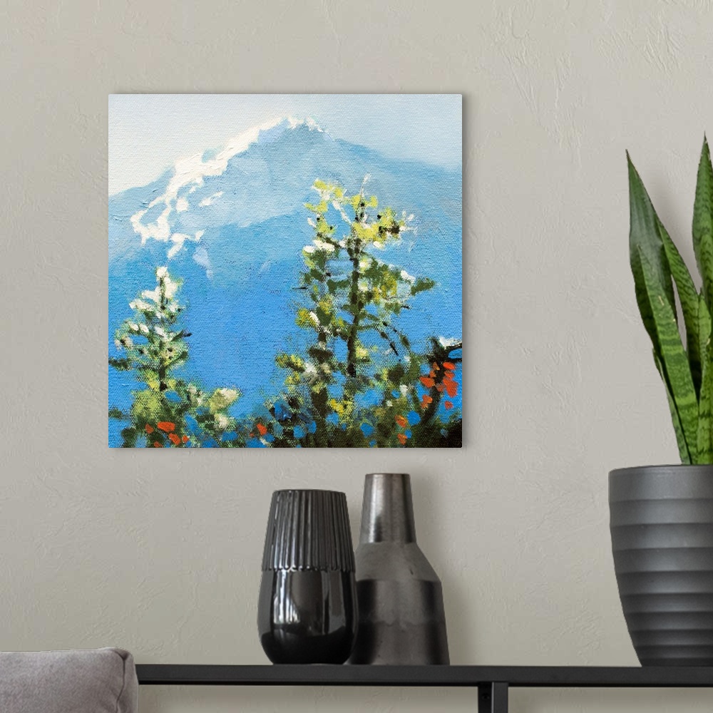 A modern room featuring Contemporary painting of a view of a mountain peak from a forest canopy.