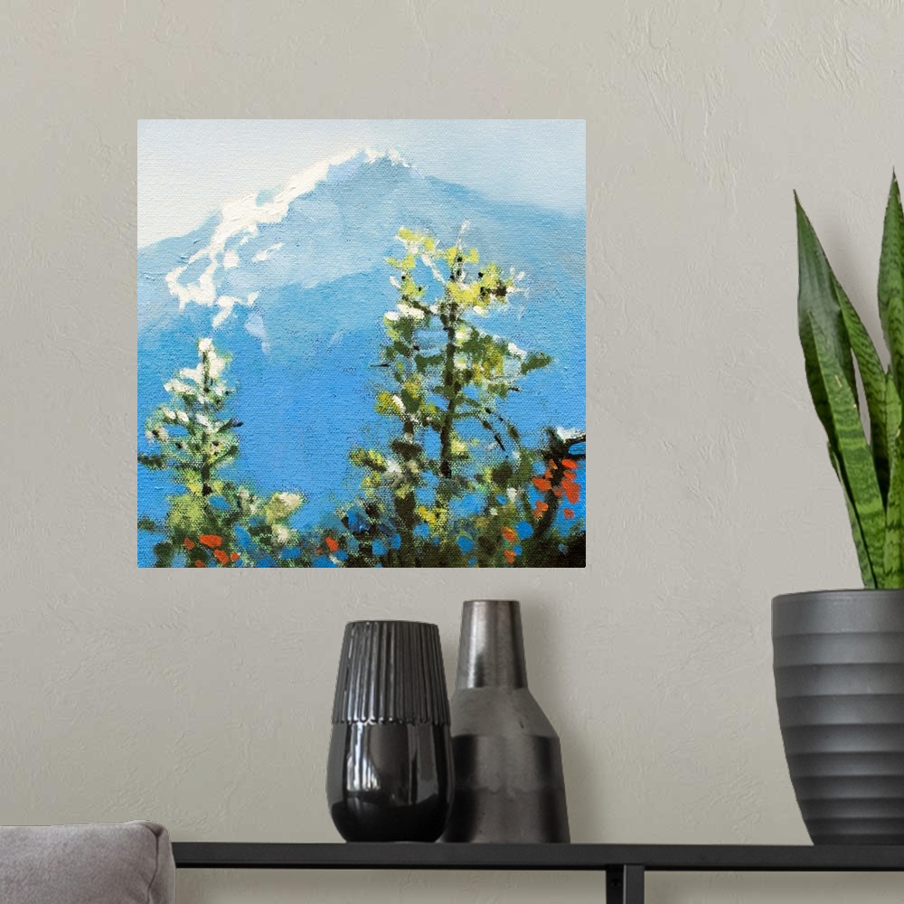 A modern room featuring Contemporary painting of a view of a mountain peak from a forest canopy.