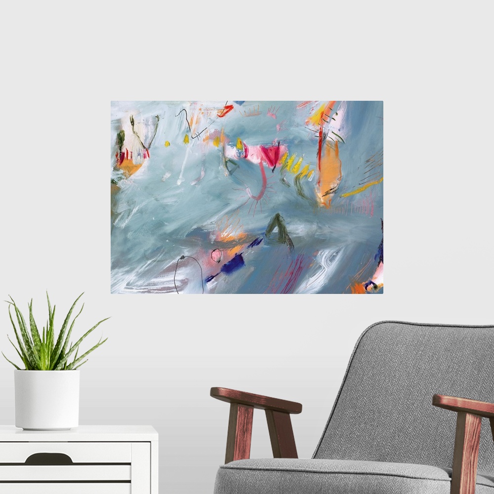 A modern room featuring An abstract painting with amoeba like shapes swimming around the streaky paint textures in the ba...