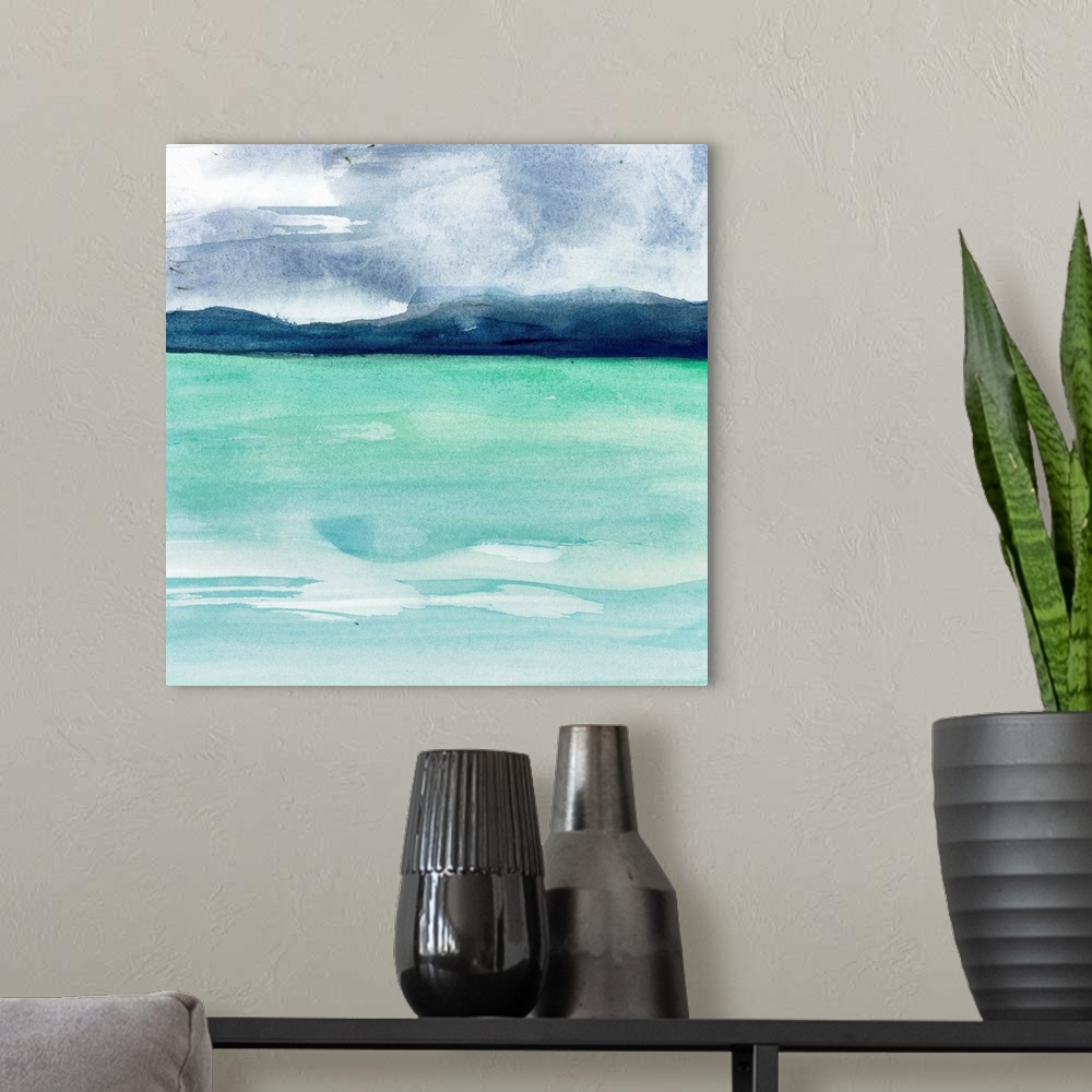 A modern room featuring Contemporary home decor artwork of a watercolor coastal painting.